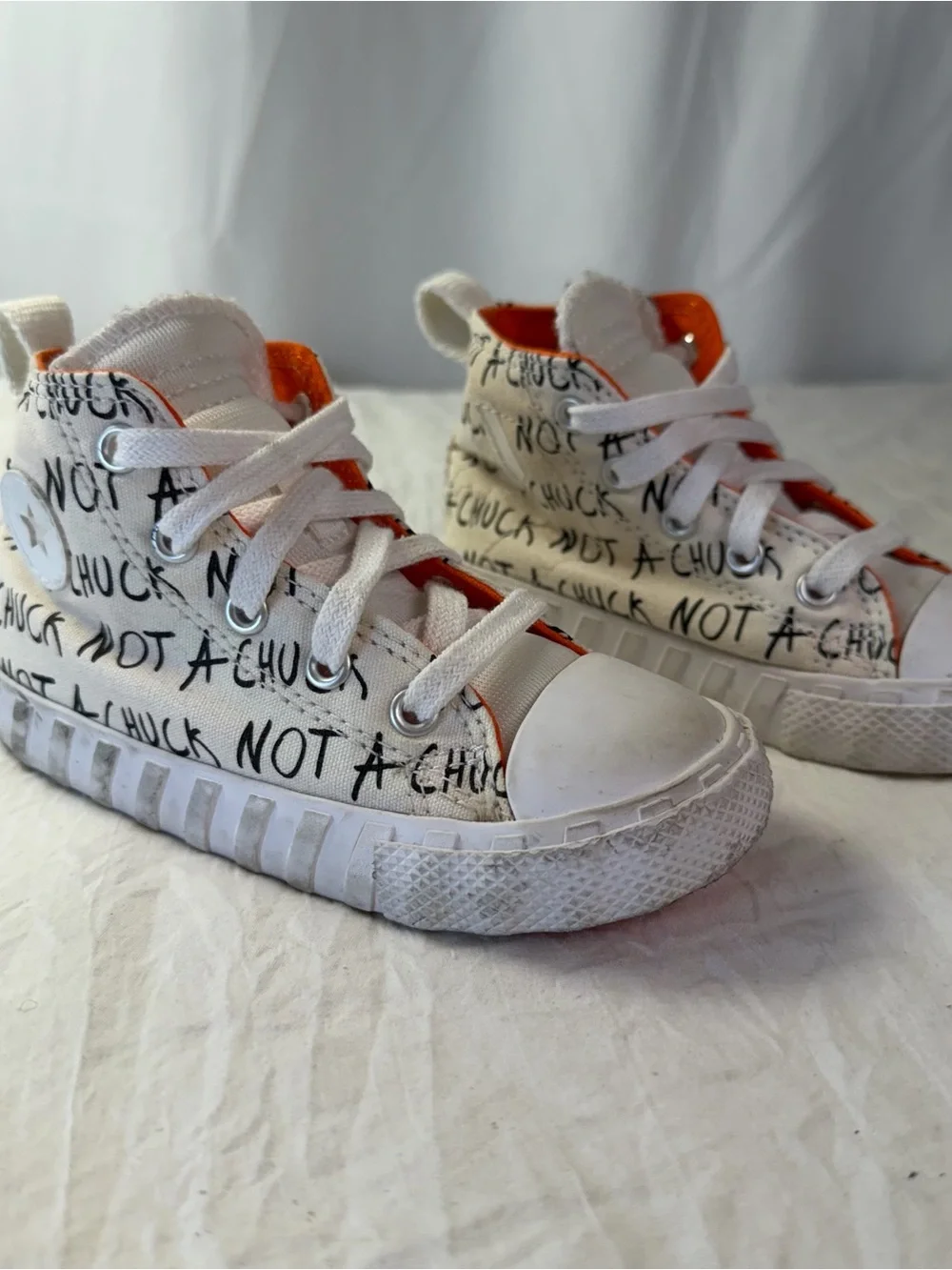 Converse High-Top Toddler sz 8 White & Orange Sneakers - 'Not a Chuck' Graphic